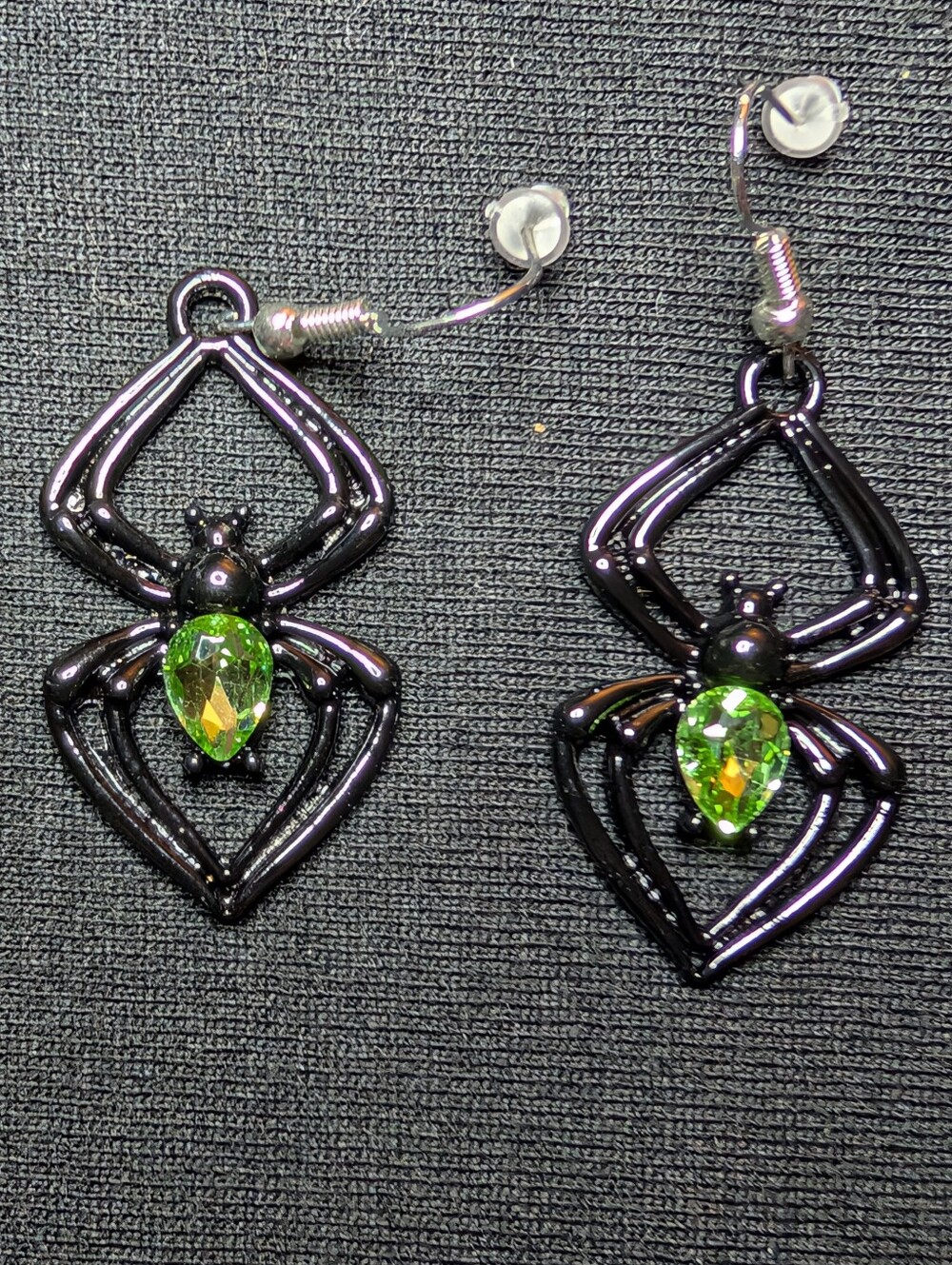 Black Spider Dangle Earrings with Green Crystal Accent